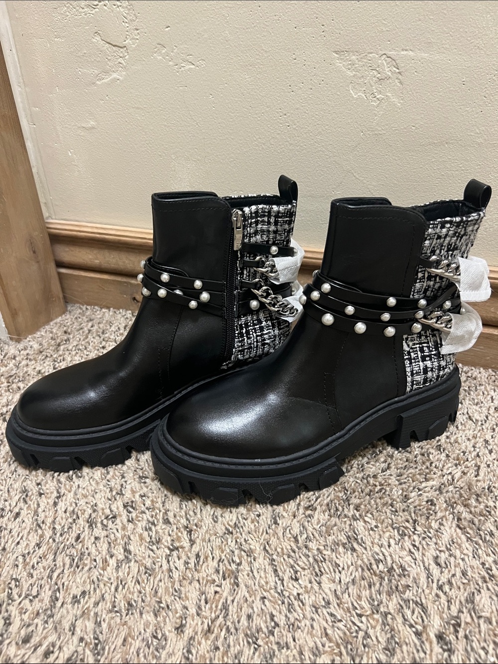 NWOT Nine West Black Tweed Pearl-Trim Combat Booties